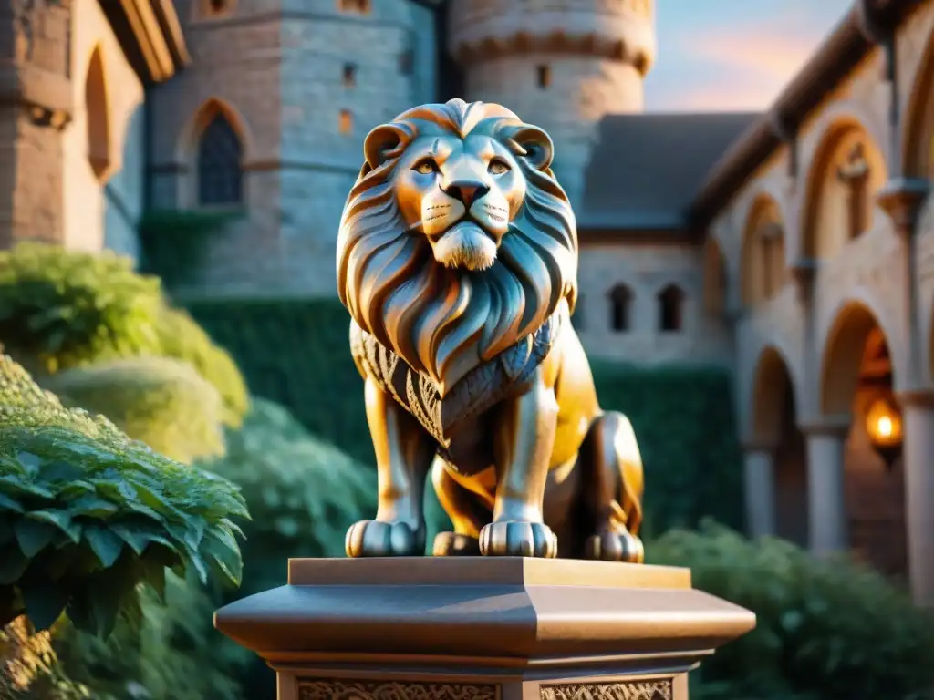 Imponente estatua del león de Gryffindor en Hogwarts, iluminada por el sol al atardecer