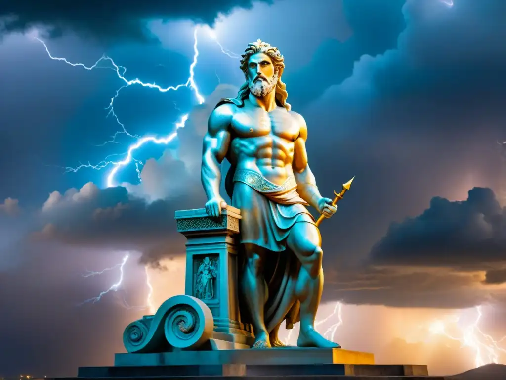 Imponente estatua del dios Zeus en un templo griego, bajo una tormenta