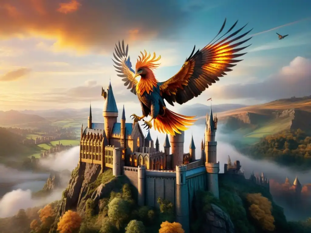 Imponente Fénix Harry Potter surcando el castillo de Hogwarts al atardecer, irradiando un resplandor cálido y mágico