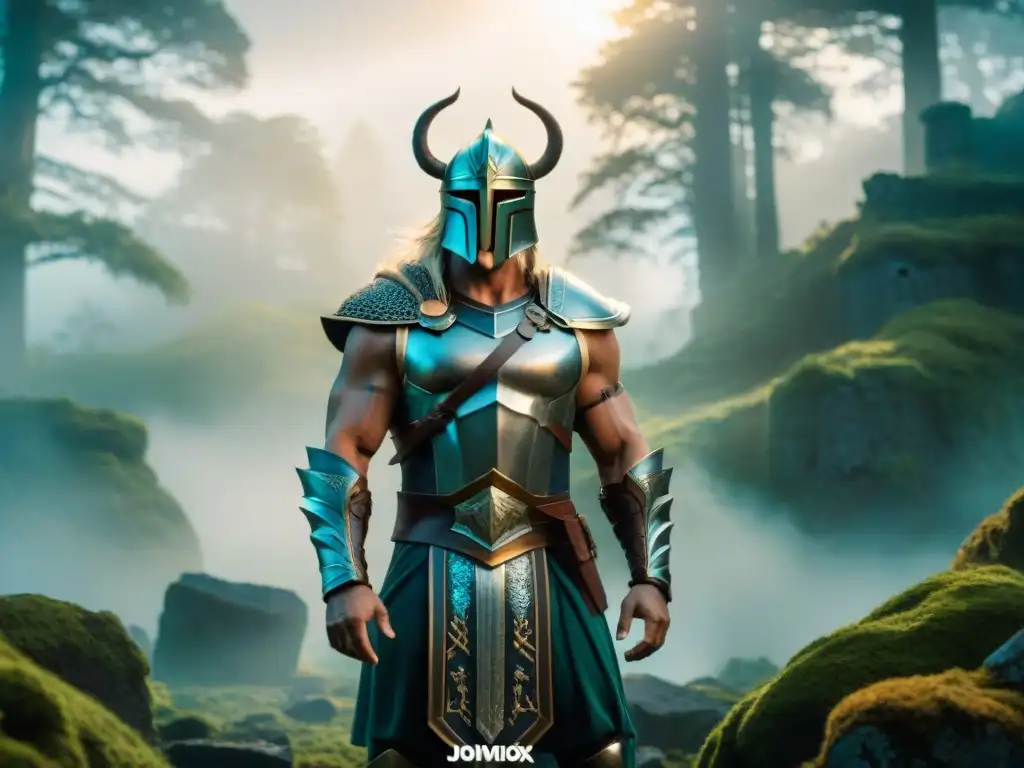 Imponente gigante nórdico en armadura en un bosque místico