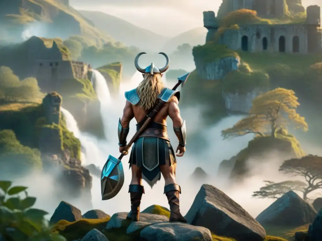 Imponente gigante nórdico en un bosque místico con ruinas antiguas al fondo