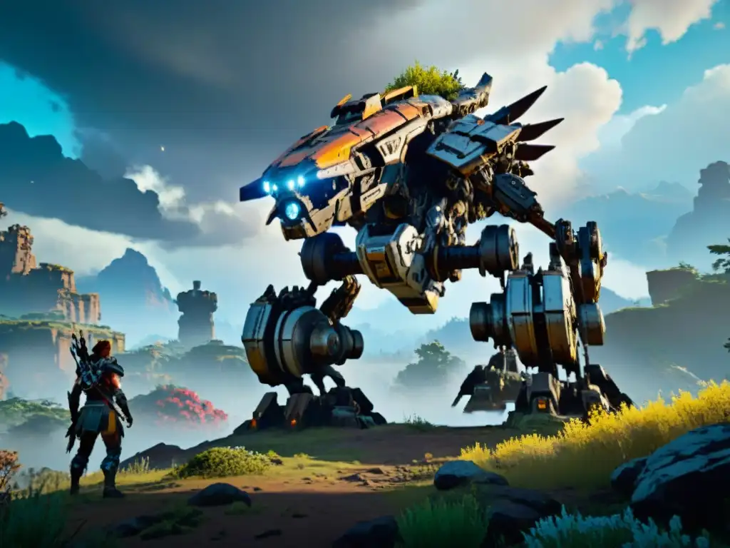 Imponente Thunderjaw de Horizon Zero Dawn en paisaje postapocalíptico con ruinas y flora vibrante, análisis criaturas