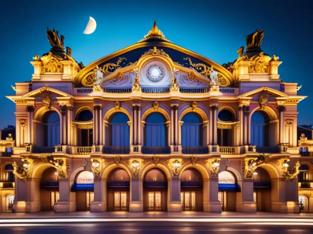 Imponente Ópera de París iluminada de noche, reflejando la atmósfera de 'El Fantasma de la Ópera'