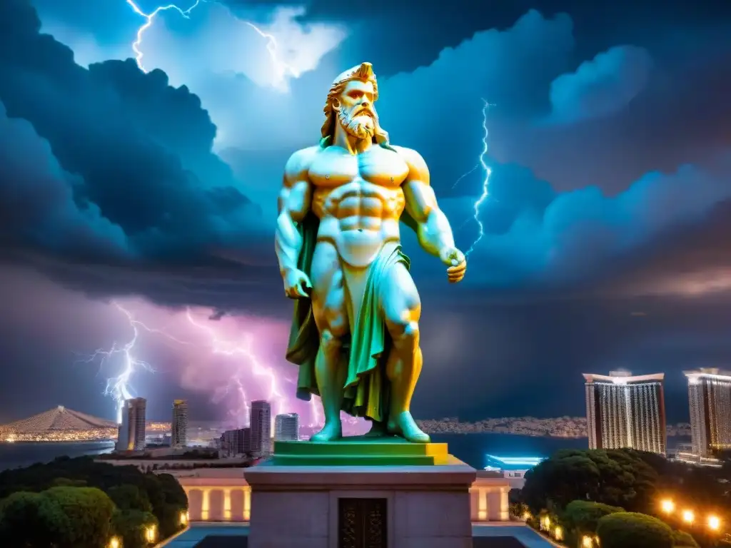 Un Zeus imponente iluminado entre rascacielos y luces de neón, fusionando mitología griega y vida urbana moderna en 'Dioses griegos en Percy Jackson'