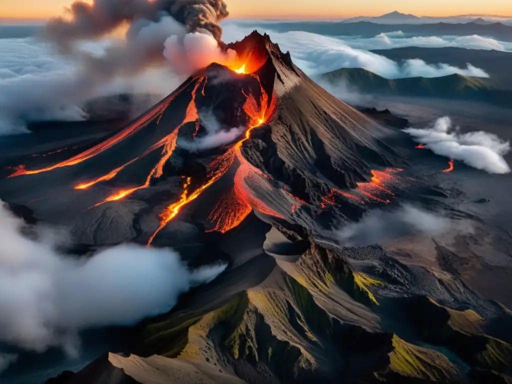 El imponente Monte del Destino en geología comparativa, con pavoroso cielo en llamas y lava ardiente en sus laderas