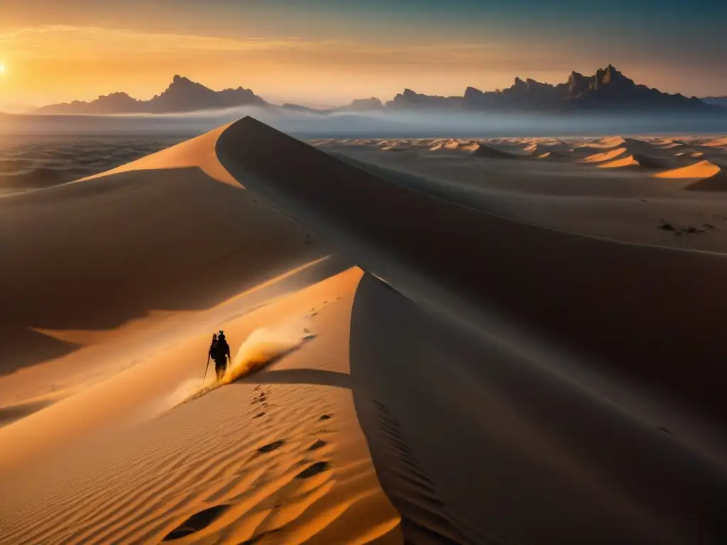 Imponente paisaje desértico de Arrakis en el universo Dune, evocando misterio y belleza