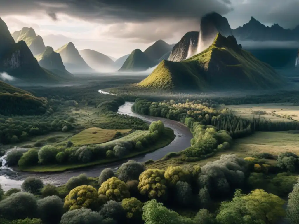 Imponente paisaje postapocalíptico con montañas, bosque denso y río entre rocas