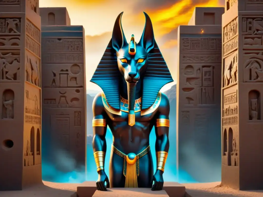 Una imponente representación del dios egipcio Anubis en la entrada del Inframundo, con su cabeza de chacal y cuerpo humano adornado con oro y joyas