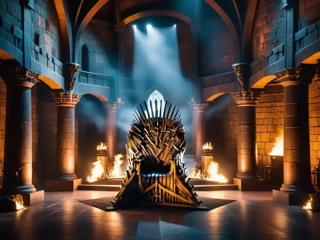 La imponente sala del Trono de Hierro en Desembarco del Rey, reflejando el impacto de Game of Thrones fantasía política