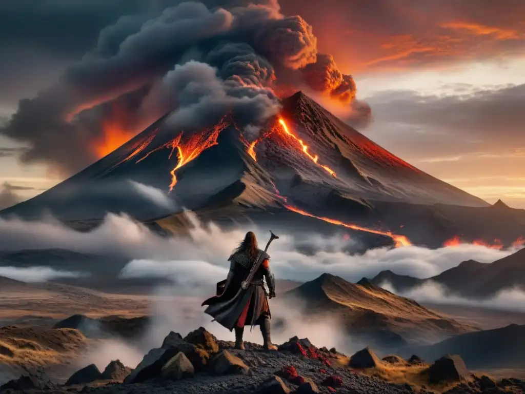 La imponente silueta del volcán Monte del Destino de Mordor, envuelto en nubes oscuras y lava ardiente, bajo un cielo dramático al atardecer