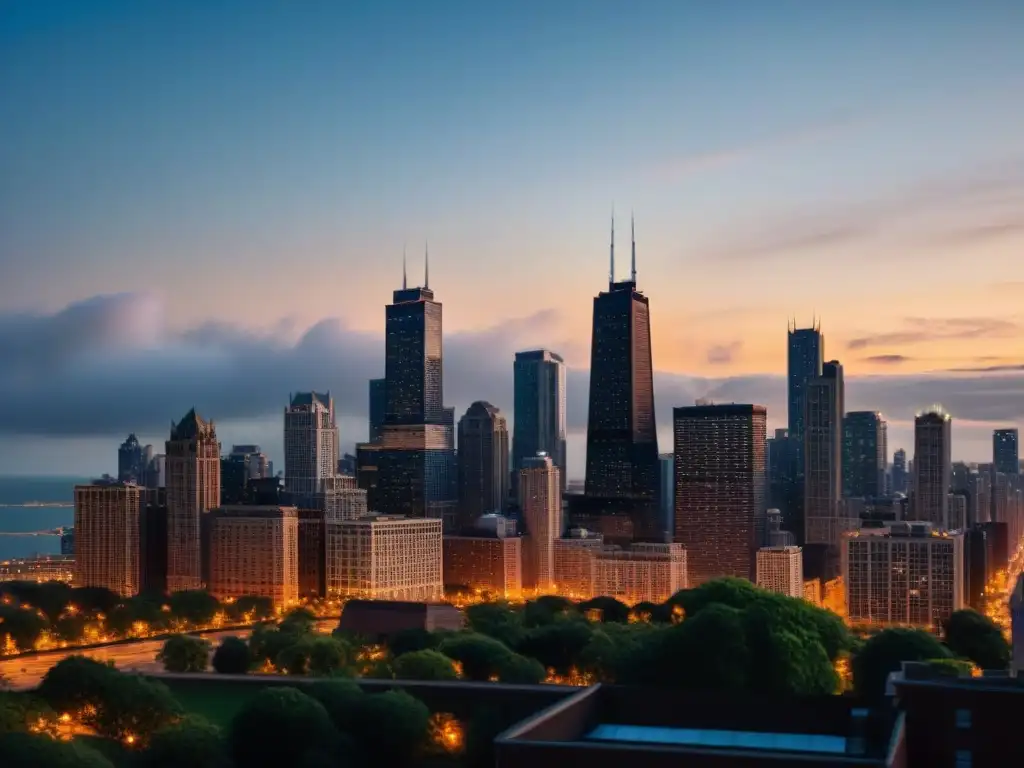 El imponente skyline de Chicago al atardecer, mezcla de arquitectura moderna y clásica, evoca Gotham City de Batman Begins