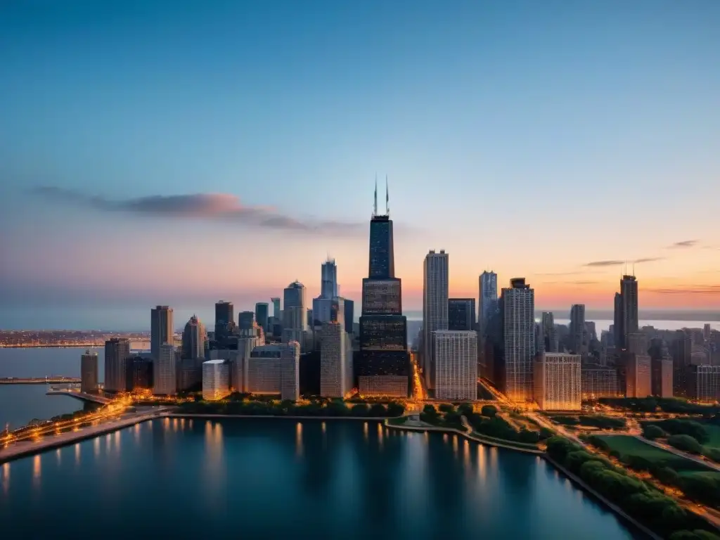 Imponente skyline de Chicago al atardecer, evocando la arquitectura de Gotham de Batman Begins