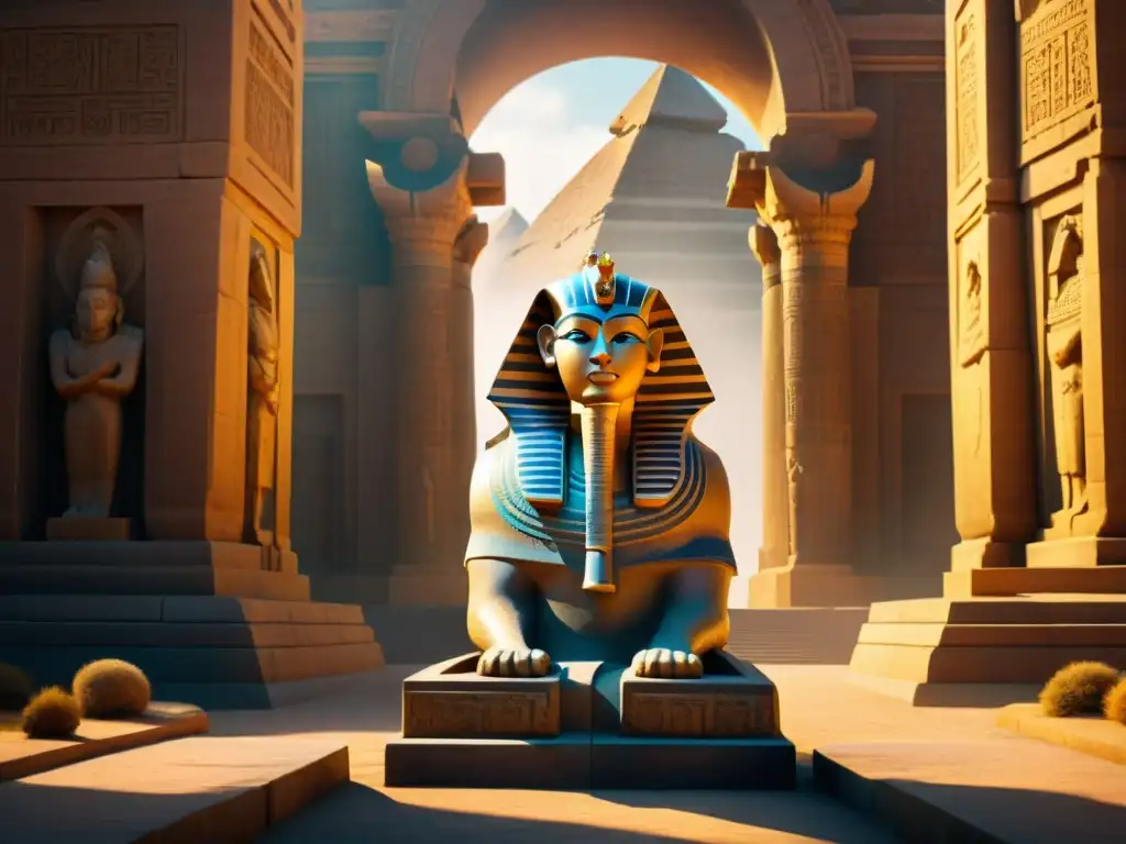 Un imponente Sphinx vigilando la entrada de un templo, con una mirada sabia y misteriosa