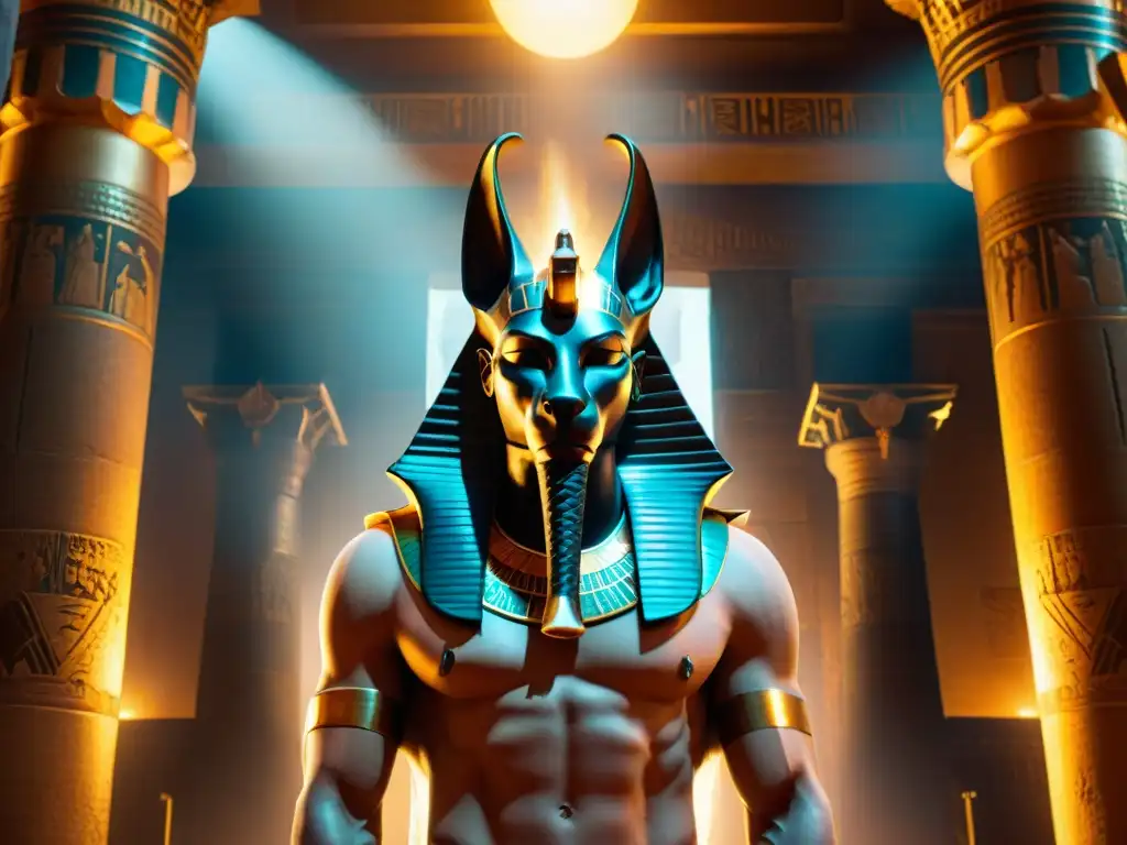 Imponente Anubis en templo antiguo, atmósfera misteriosa y aterradora