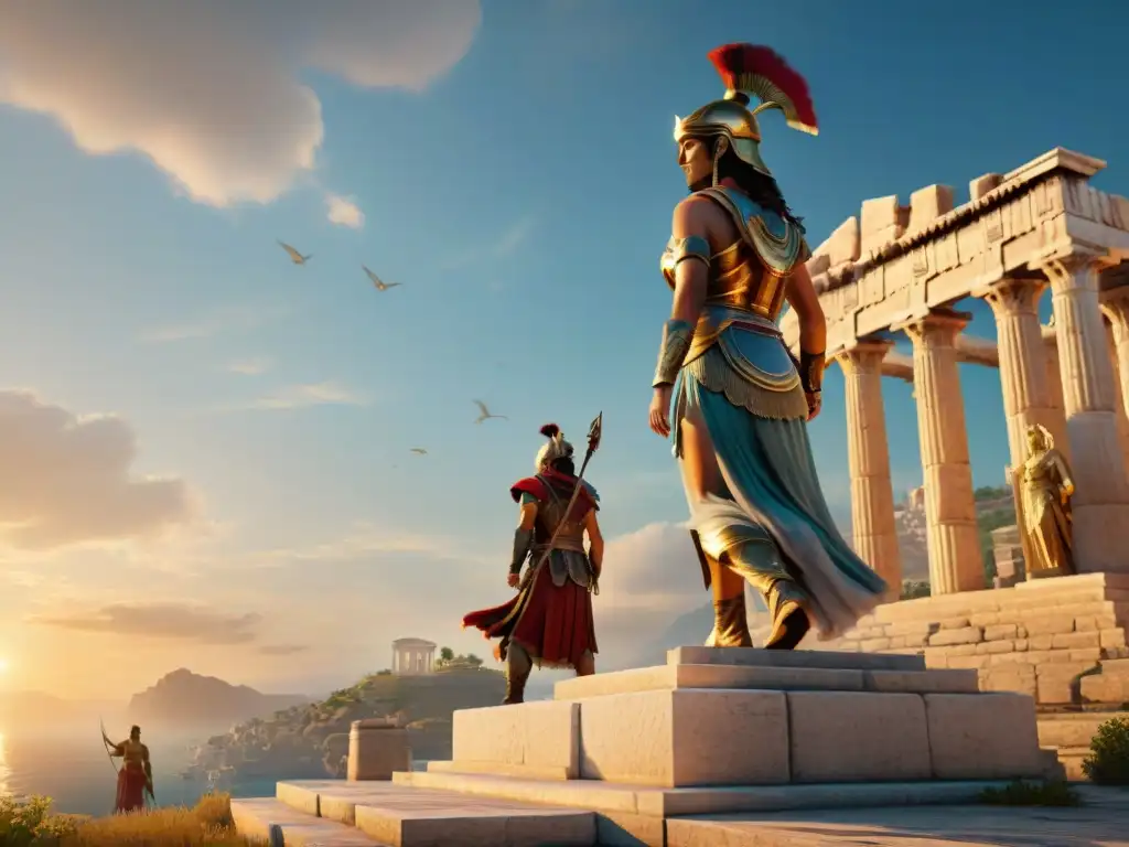 Imponente templo de la diosa Atenea al atardecer, reflejando las mitologías en Assassin's Creed Odyssey