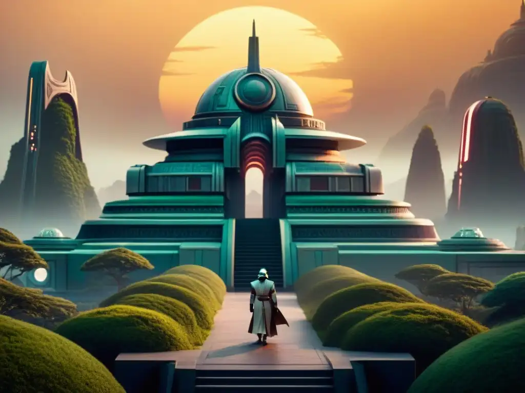 Imponente templo Jedi en Coruscant, rodeado de vegetación exuberante y torres altas, bajo un cielo de atardecer colorido