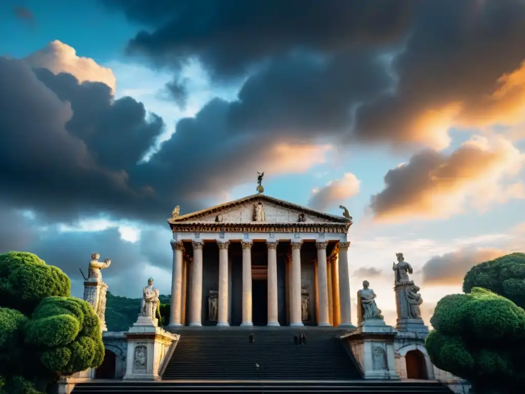 Imponente templo romano con estatuas de dioses, columnas de mármol y cielo amenazante