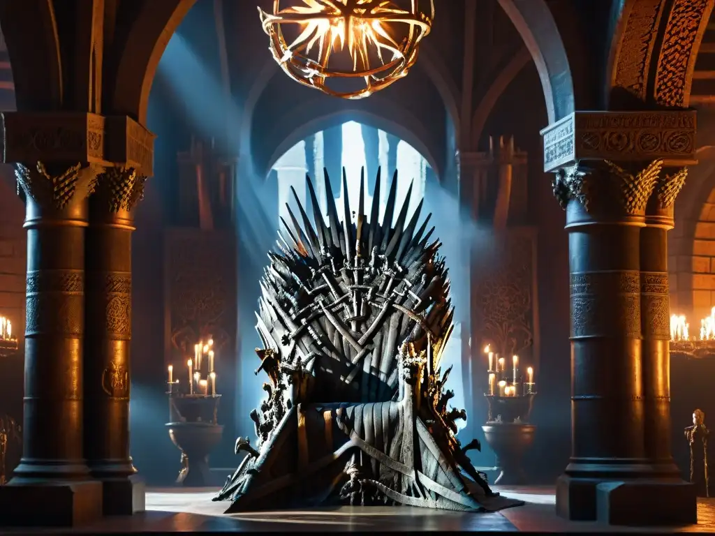 Imponente trono de hierro en la Gran Sala de la Fortaleza Roja de Game of Thrones, simbolizando lecciones de poder y traición