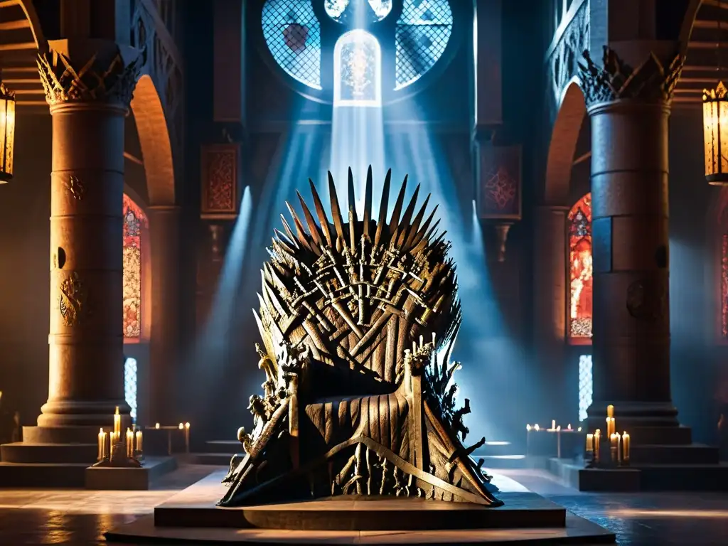 El imponente Trono de Hierro rodeado de tapices detallados en la Sala del Trono, reflejando el poder político en Westeros análisis