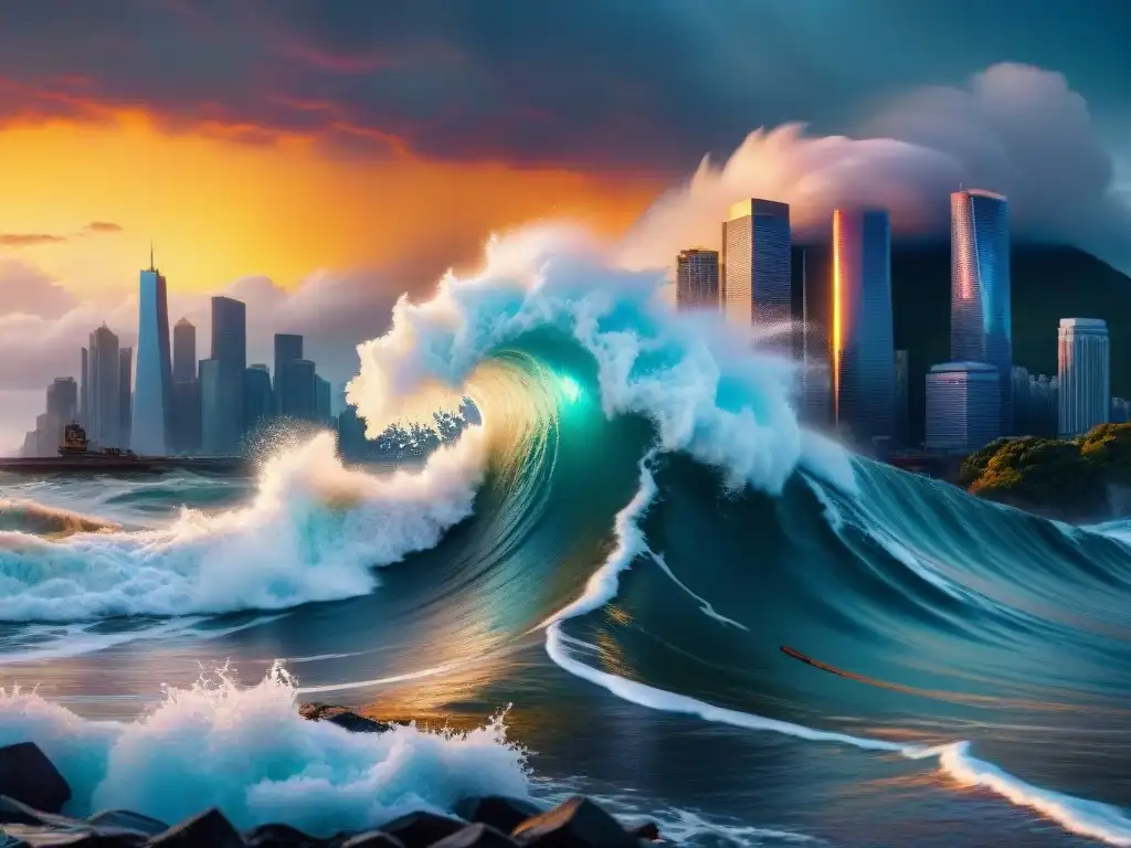 Imponente tsunami en ciudad al atardecer, comparativa desastres naturales películas