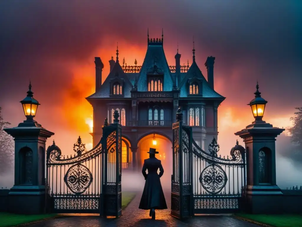 Imponente mansión victoriana envuelta en niebla, con arquitectura gótica ante un atardecer rojo sangre, evocando literatura gótica en Crimson Peak