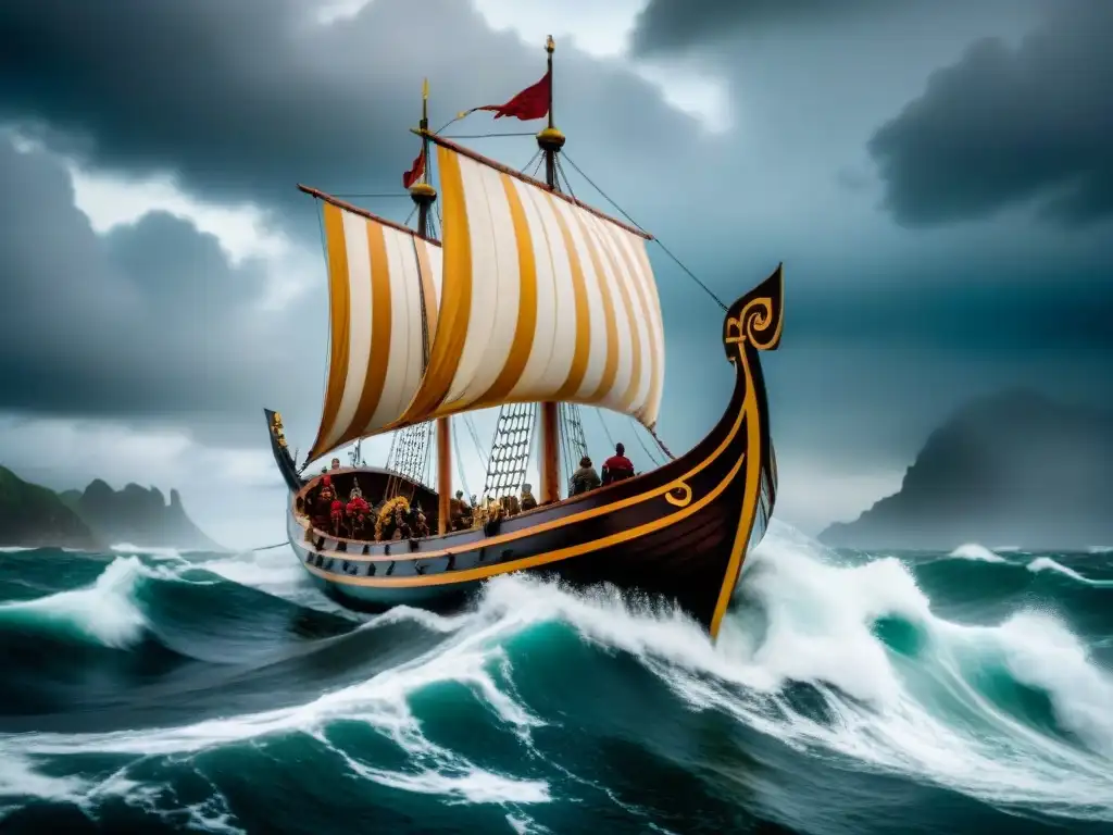 Un imponente drakkar vikingo surca mares tormentosos, con olas gigantes y relámpagos, decorado con figuras de dioses nórdicos