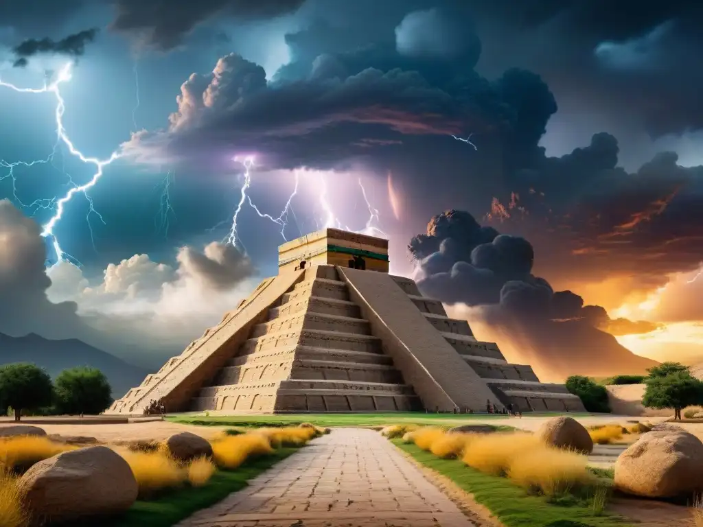 Imponente ziggurat mesopotámico bajo un cielo tormentoso