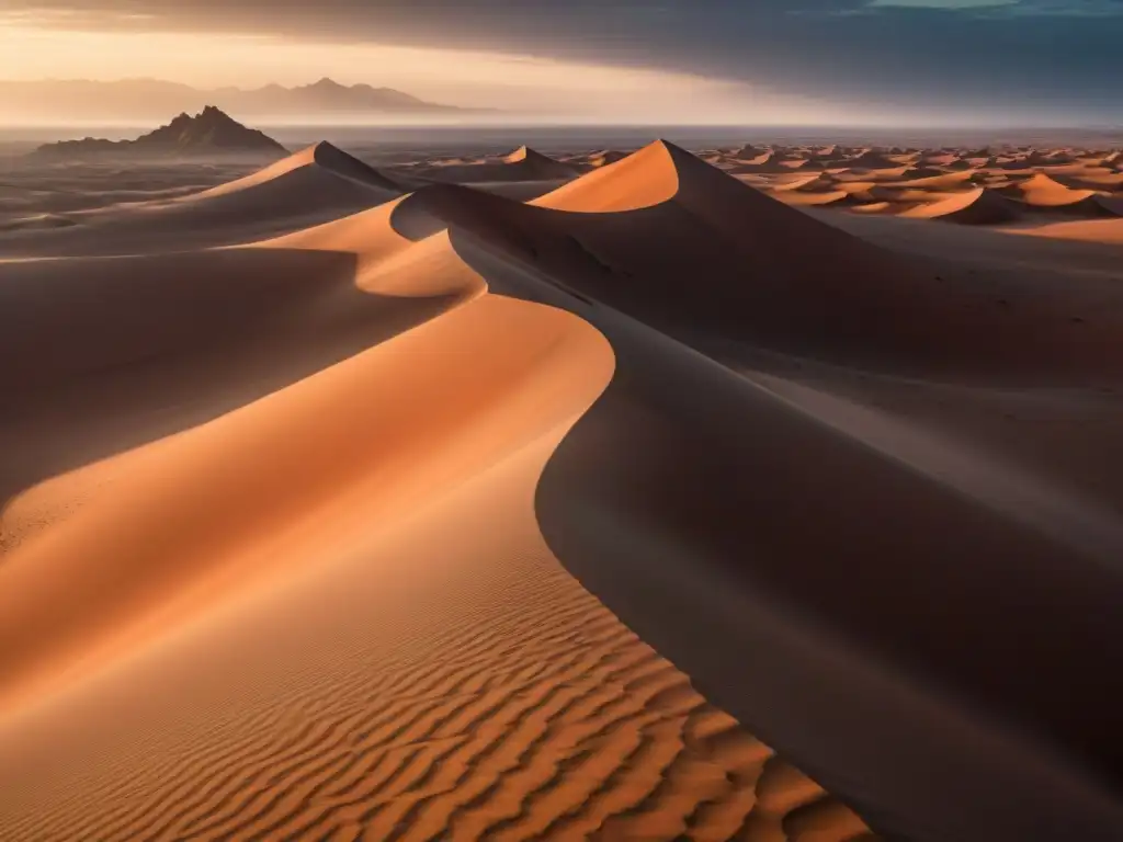 Imponentes dunas de arena en un desierto vasto de Arrakis al atardecer