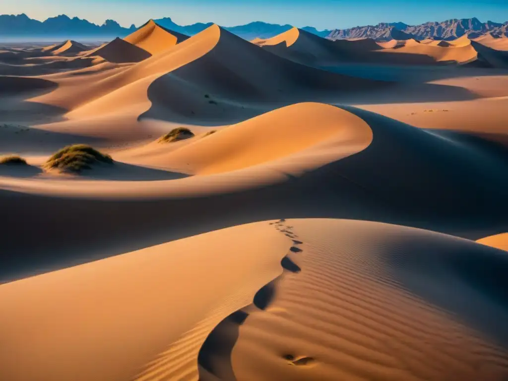 Imponentes dunas de arena en el desierto de Arrakis, con secretos bajo el sol y dos lunas en el cielo azul