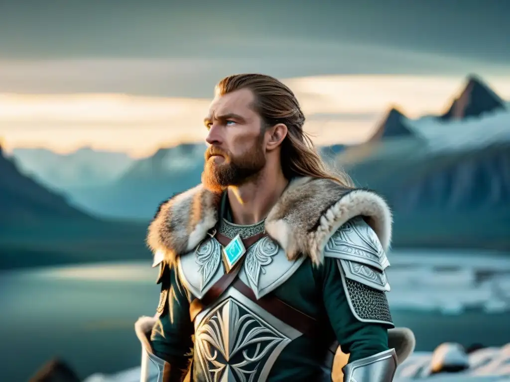 Imponentes gigantes jotnar en mitología nórdica, iluminados por la aurora boreal en paisaje nevado