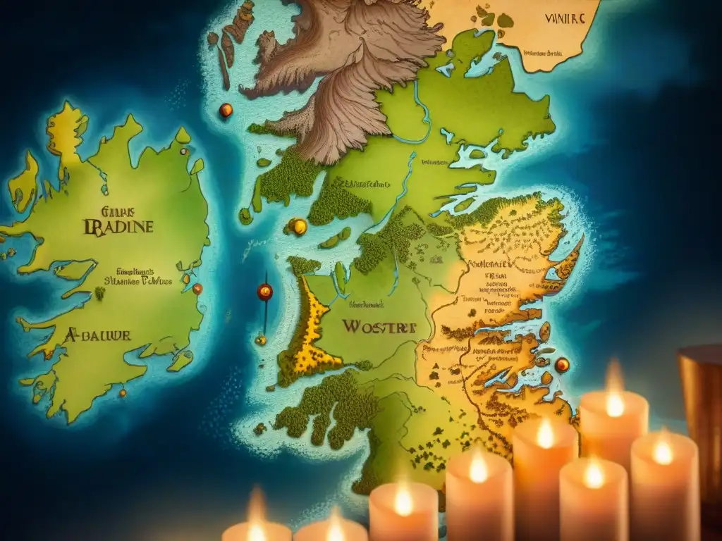 Un impresionante análisis geográfico de Westeros en detallado mapa rodeado de velas, iluminando la diversidad de sus tierras