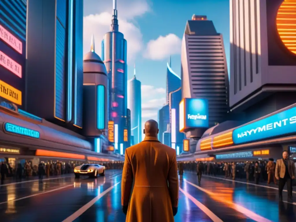 Impresionante arquitectura futurista en 'Fifth Element': metrópolis neon iluminada con rascacielos y anuncios holográficos