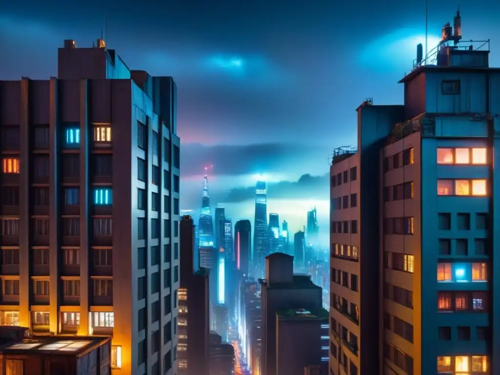 Impresionante arquitectura futurista en Blade Runner, iluminando la noche con luces neón en rascacielos imponentes y calles decadentes