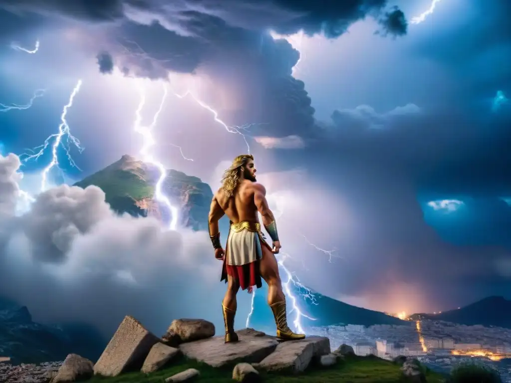 Impresionante batalla entre Zeus y los dioses del Olimpo contra los Titanes, con rayos en el cielo tormentoso y el Monte Olimpo al fondo