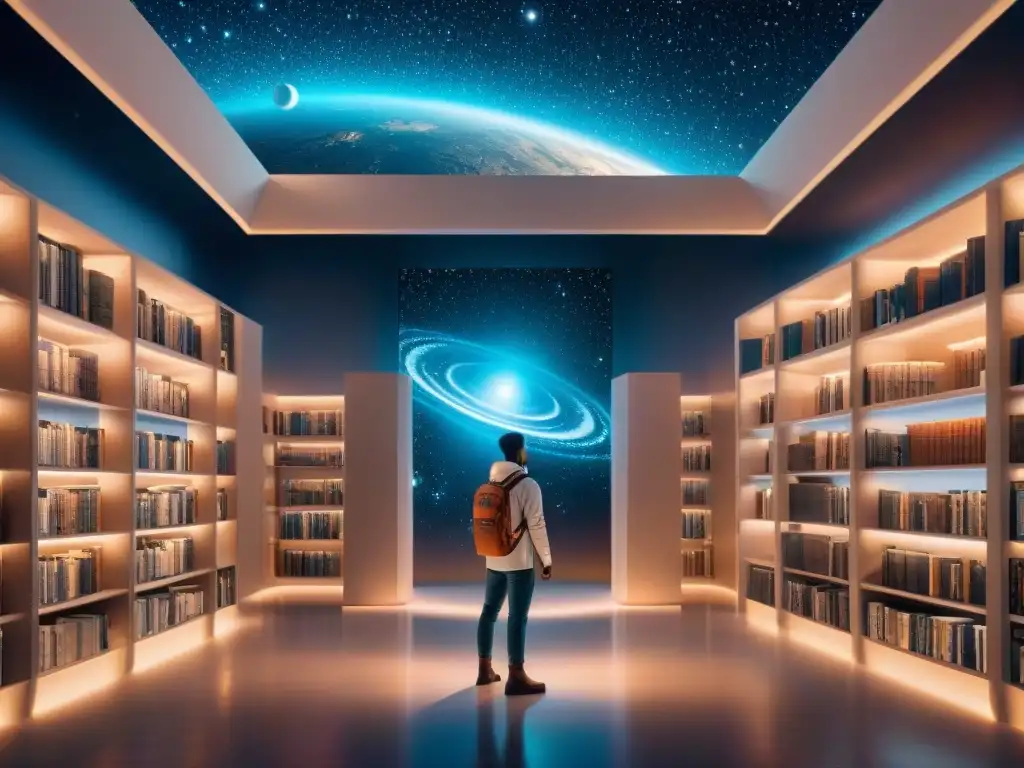 Biblioteca digital cósmica: nave futurista frente a libros pulsantes Una impresionante biblioteca digital flotando en el espacio, iluminada por estrellas distantes