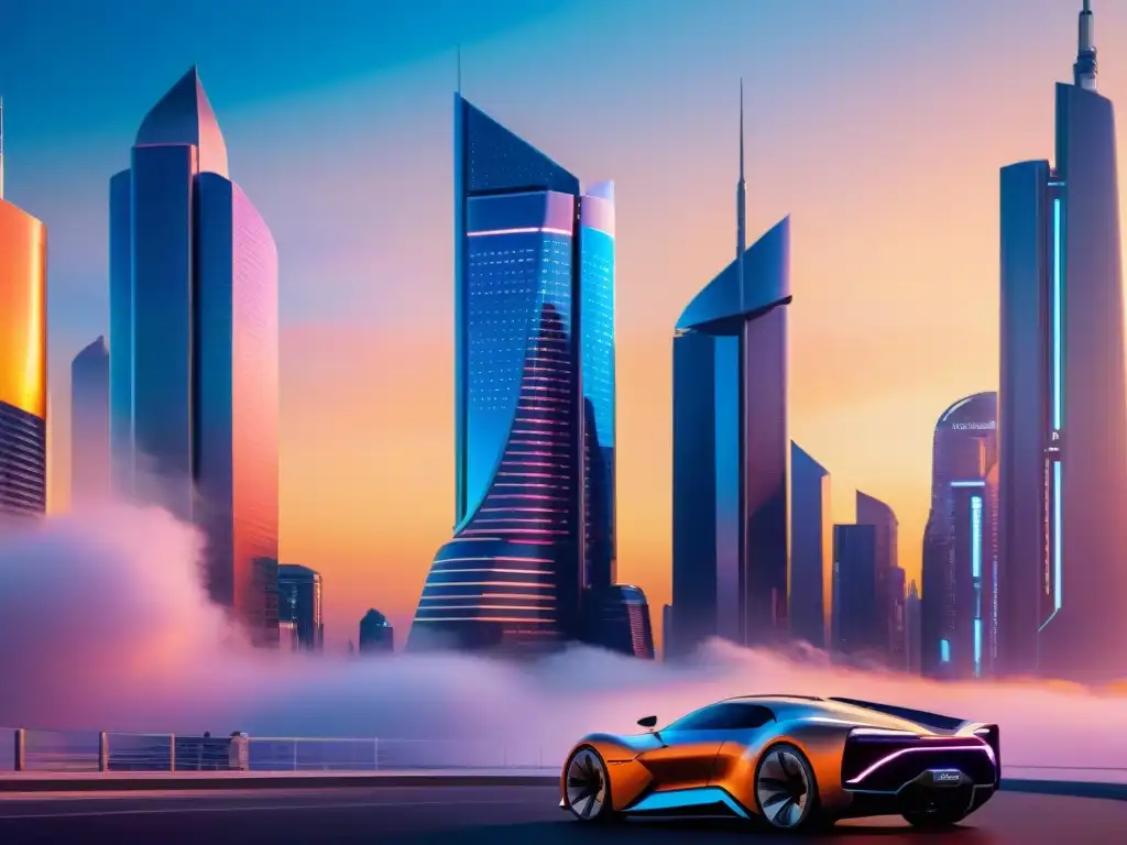 Impresionante ciudad futurista al atardecer con tecnología avanzada