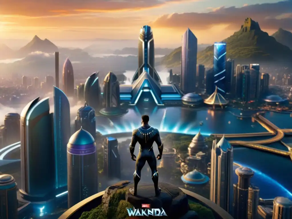 La impresionante ciudad futurista de Wakanda de Black Panther: una mezcla de tradición e innovación bajo el cálido atardecer wakandiano