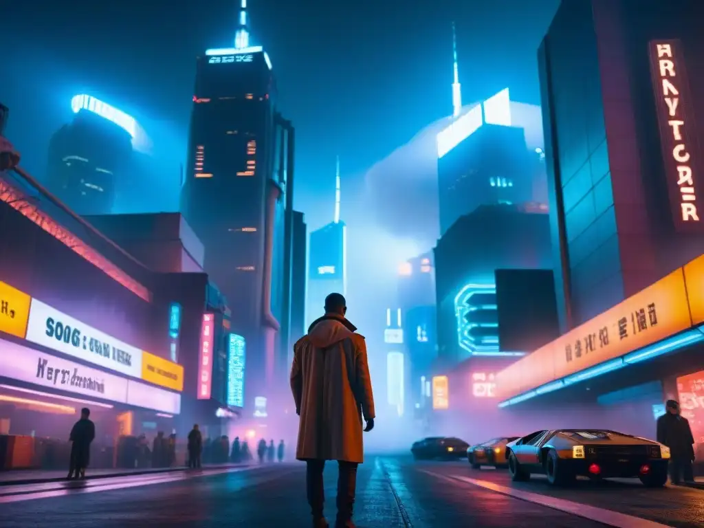 Impresionante ciudad futurista de noche, iluminada por luces de neón y cielos llenos de smog, evocando el legado estético de Blade Runner