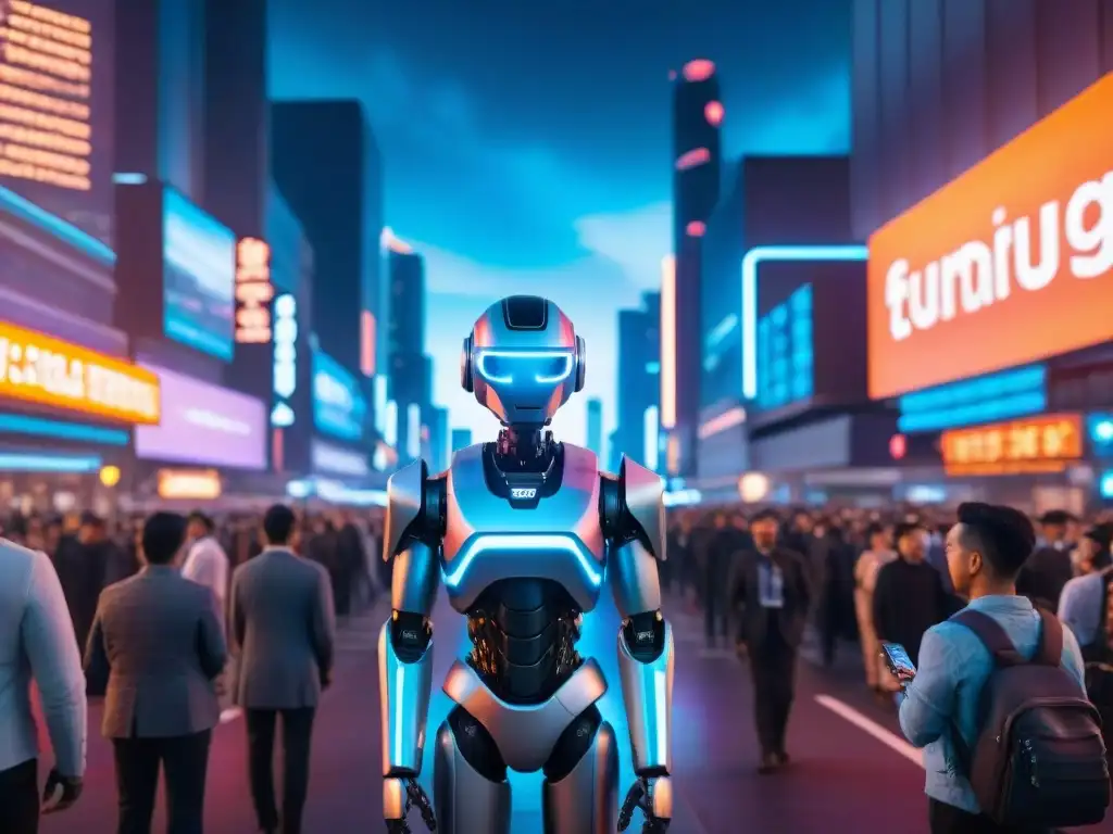 Impresionante ciudad futurista nocturna con robot AI y tecnología cyberpunk