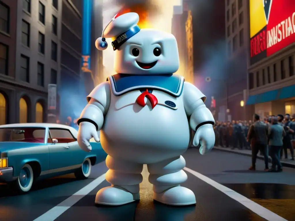 Impresionante comparativa cazafantasmas original remake: dos gigantes Stay Puft enfrentados en caótica ciudad