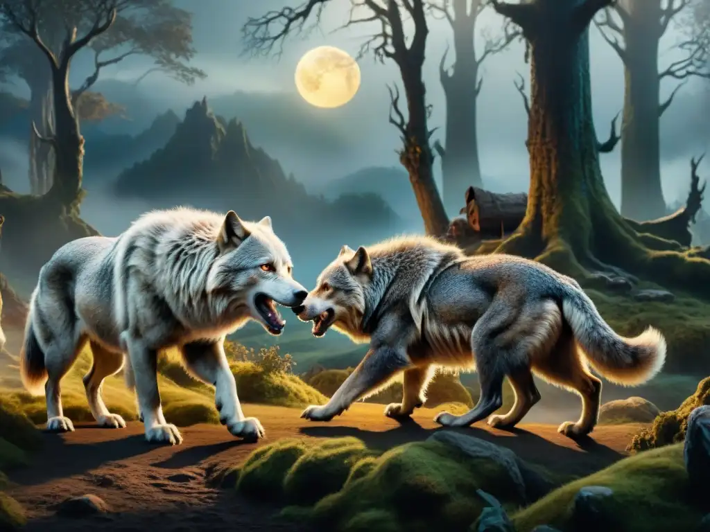 Impresionante ilustración de criaturas míticas de El Señor acechando en bosque sombrío bajo la luna