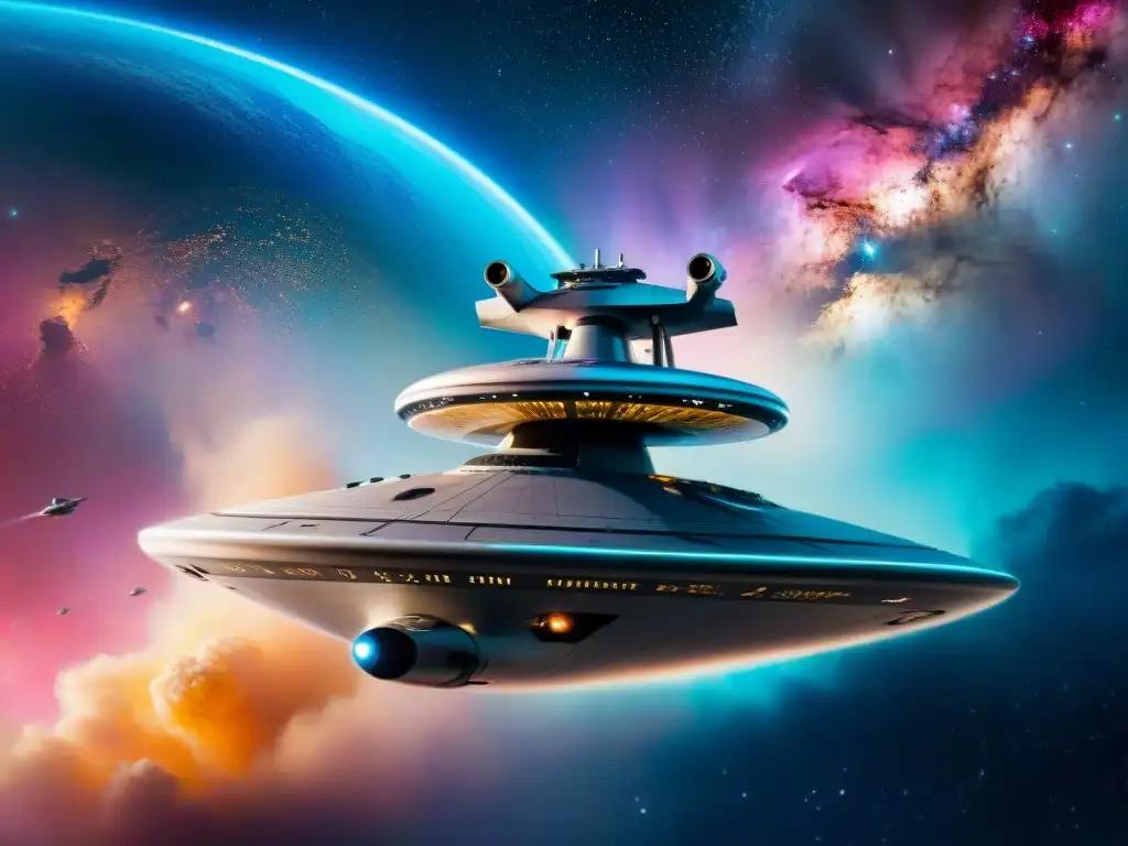 Impresionante ilustración detallada de la USS Enterprise surcando una nebulosa vibrante, reflejando avances tecnológicos en Star Trek