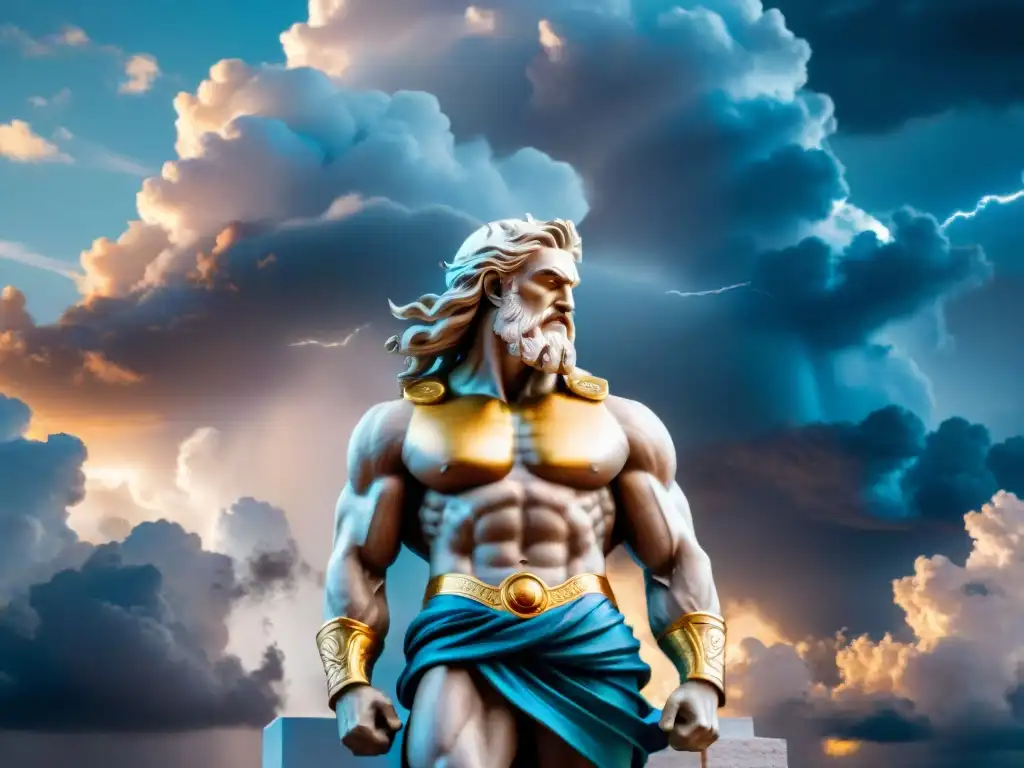 Impresionante representación de Zeus, rey de los dioses en la mitología griega, con un aura de grandeza y poder