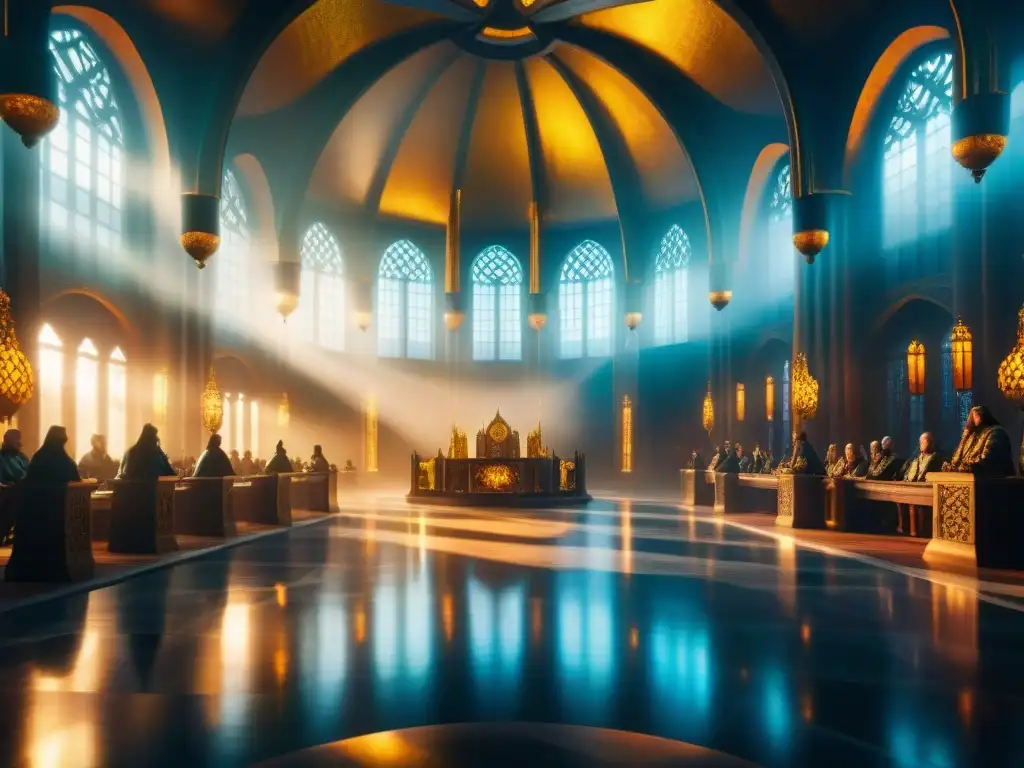 Impresionante ilustración de Asgard, reino de los dioses nórdicos, con Odin y otros dioses en consejo