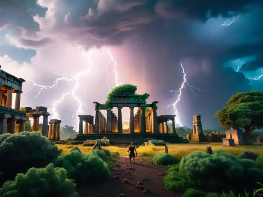 Batalla épica de dioses y criaturas míticas bajo tormenta Impresionante ilustración de una épica batalla en la mitología antigua en la ficción