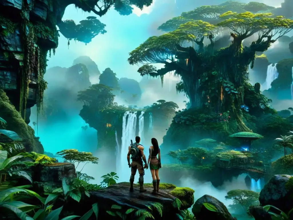 Una impresionante escena de Pandora en 'Avatar' con el Hometree rodeado de flora bioluminiscente y AMP suits