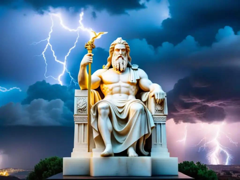 Impresionante estatua de Zeus en mármol, con un águila y un rayo, destacando su influencia mitológica en símbolos actuales