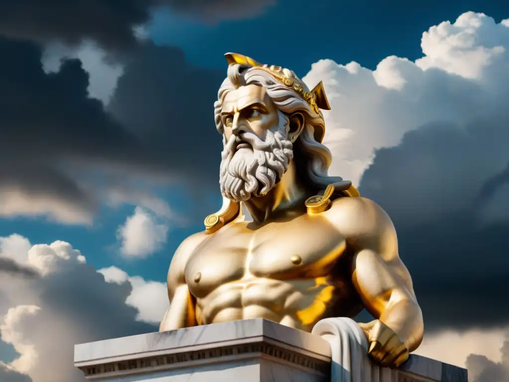 Impresionante estatua de Zeus en mármol, rodeada de nubes dramáticas