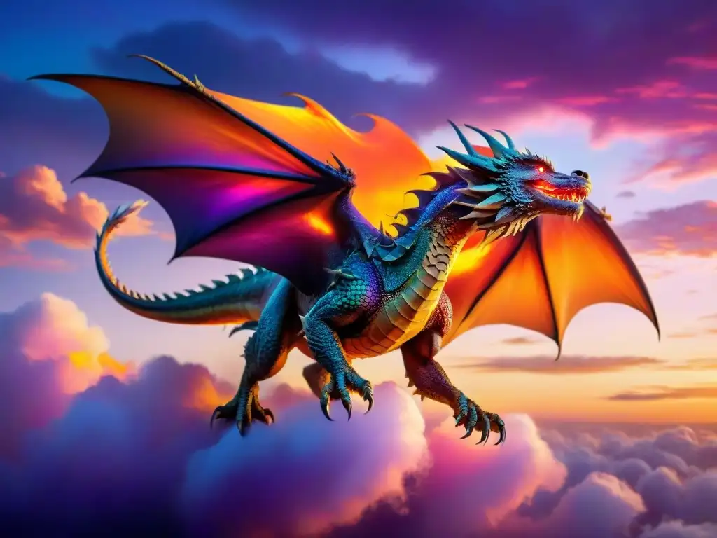 Un impresionante fan art fantástico de un majestuoso dragón surcando el cielo al atardecer