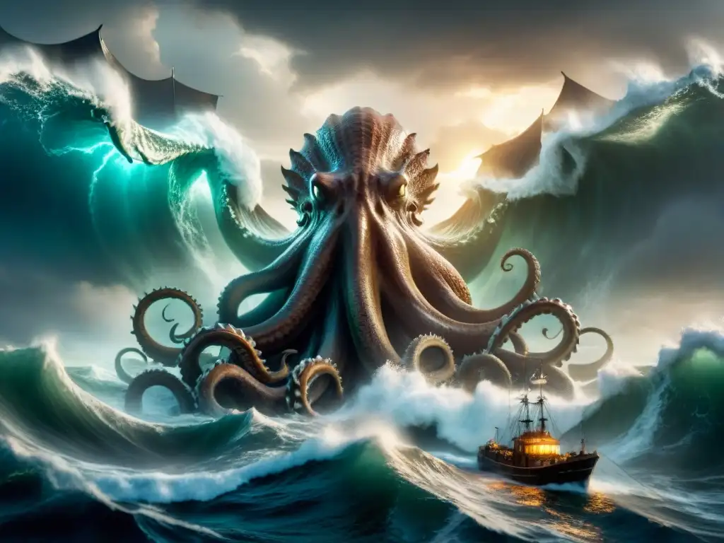 Impresionante imagen de un kraken legendario emergiendo del mar tormentoso, con el barco luchando contra él